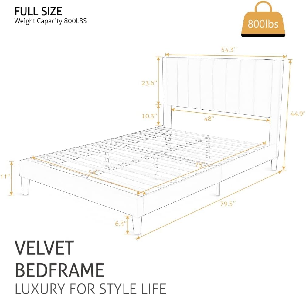 SHA CERLIN Full Bed Frame/Velvet Upholstered Platform Bed Frame with Headboard/Strong Wood Slats Support/Mattress Foundation/No Box Spring Needed - Pink