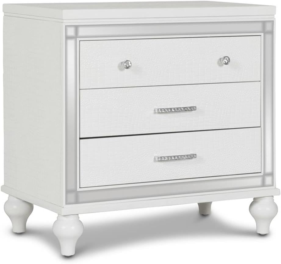 Pemberly Row Contemporary Solid Wood 3-Drawer Nightstand, White Finish, 31.1'' W x 18.11'' D x 29.33'' H, Durable Veneers, Embossed Inlay, Bedroom Storage Furniture