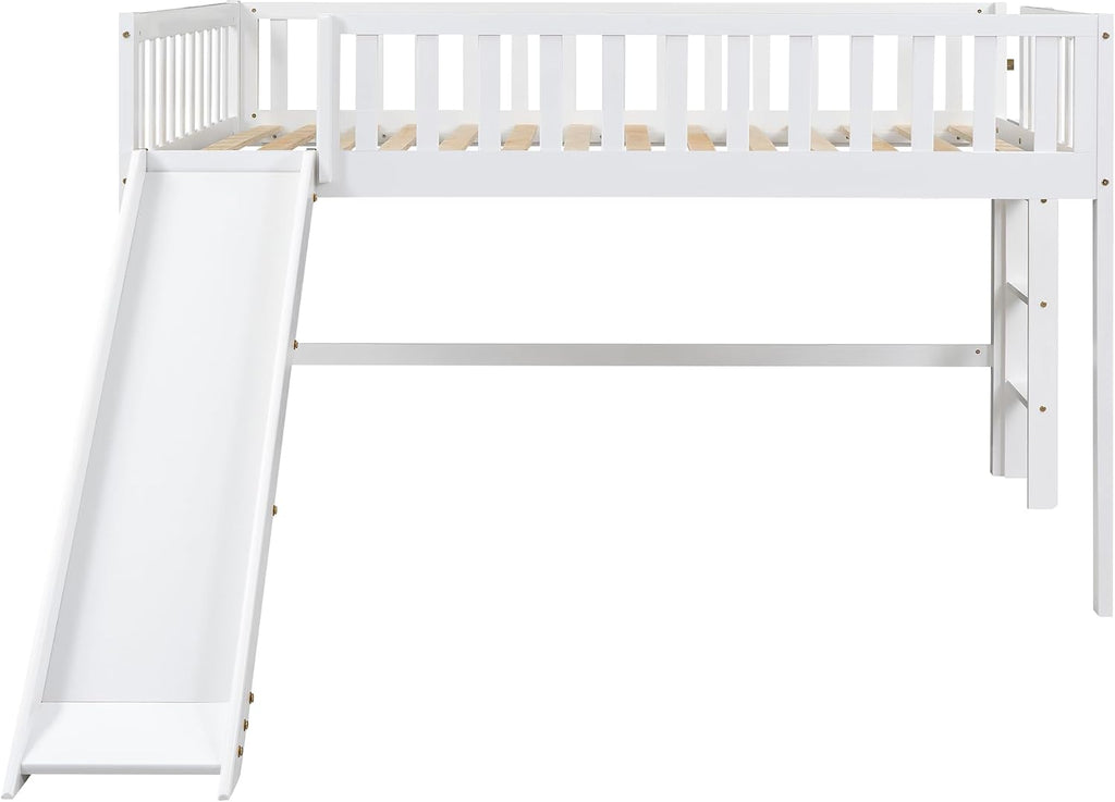JIVOIT Full Size Wood Loft Bed with Slide, Low Loft Bed with Built-in Ladder and Safety Rails, Space Saving Kids Loft Bed with Underneath Spacious Space, for Kids Boys Girls (White,Full 1)