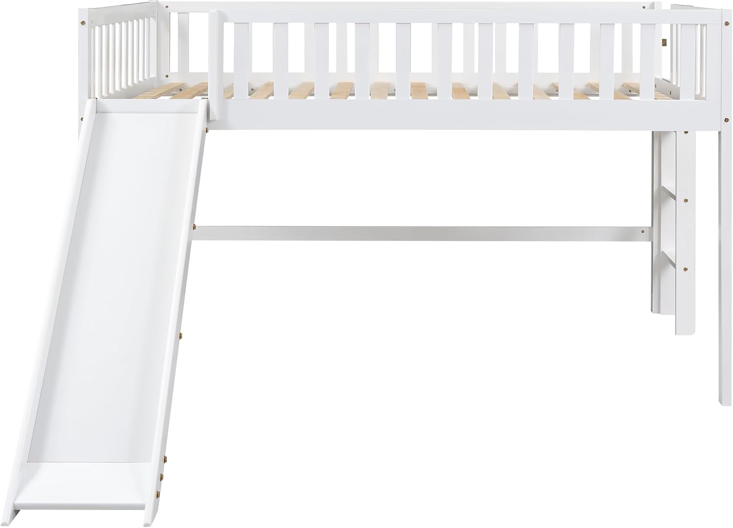 JIVOIT Full Size Wood Loft Bed with Slide, Low Loft Bed with Built-in Ladder and Safety Rails, Space Saving Kids Loft Bed with Underneath Spacious Space, for Kids Boys Girls (White,Full 1)