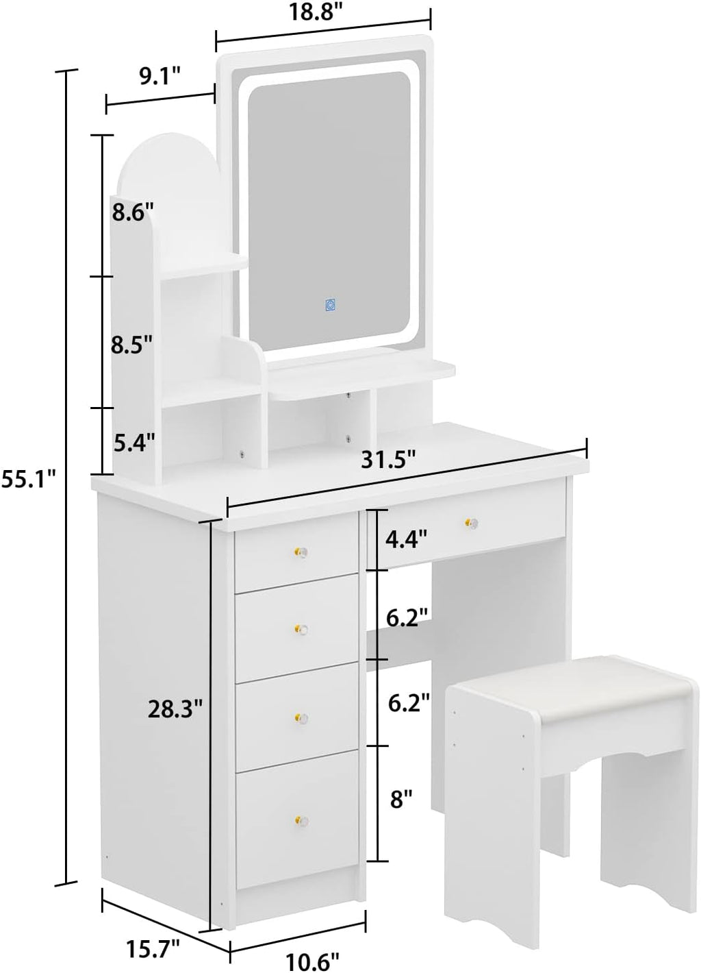 FUFU&GAGA Vanity Desk Set with Lighted Mirror, Makeup Vanity Dressing Table with Shelves & Cushioned Stool, White, 31.5' W x 15.7' D x 55.1' H