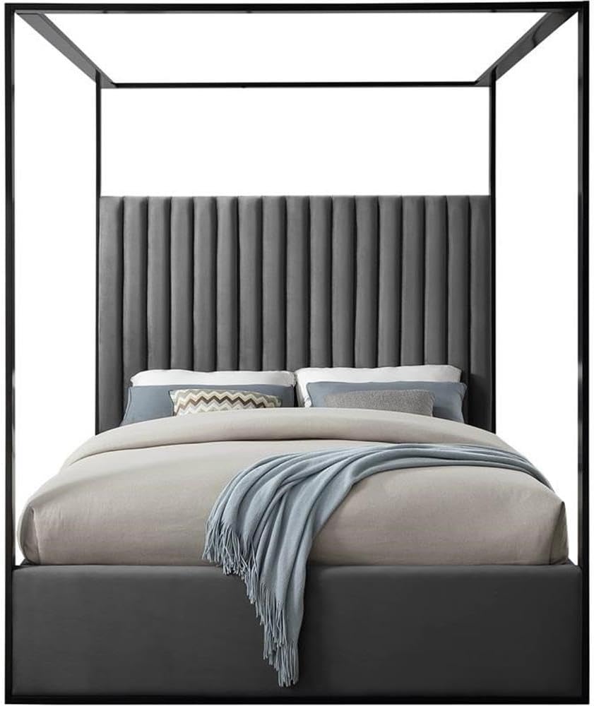 MAKLAINE Contemporary Queen Bed, Solid Wood Frame and Steel Canopy, Gray Velvet Upholstery, Matte Black Finish, Deep Channel Tufting, Full Slats, 66.5' W x 86.5' D x 78.5' H, Bedroom Furniture