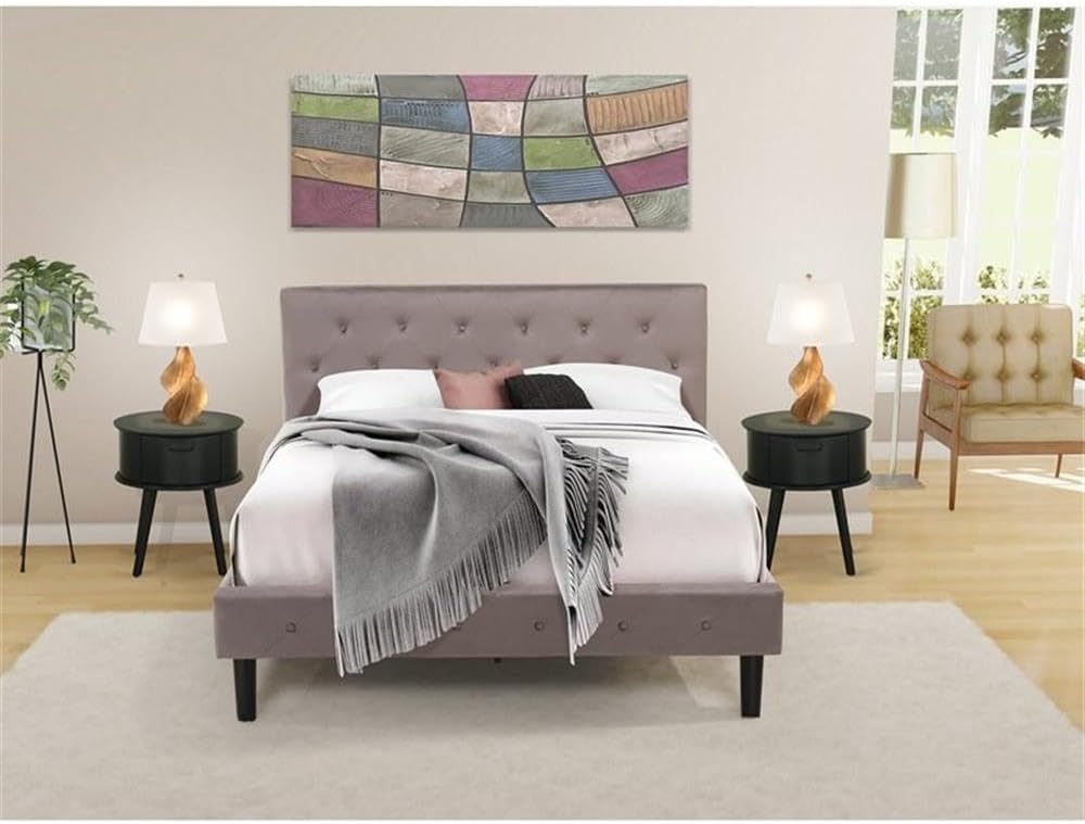 East West Furniture NL14Q-2GO11 3 Piece Bedroom Set - Button Tufted Queen Size Bed - Brown Taupe Velvet Fabric Upholstered Headboard and a Black Finish Nightstand