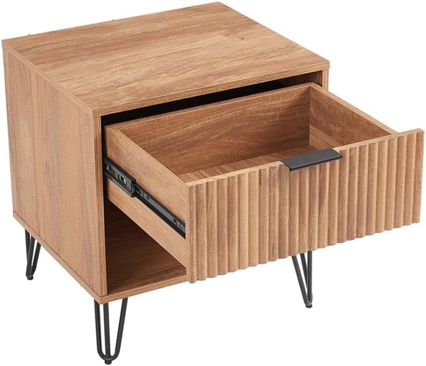 Pemberly Row 2-Piece Bedroom Set, 3-Drawer Dresser & 1-Drawer Nightstand, Golden Brown MDF, Ribbed Drawer Front, Black Metal Handles & Legs, Soft Close, Modern Storage for Bedroom Use