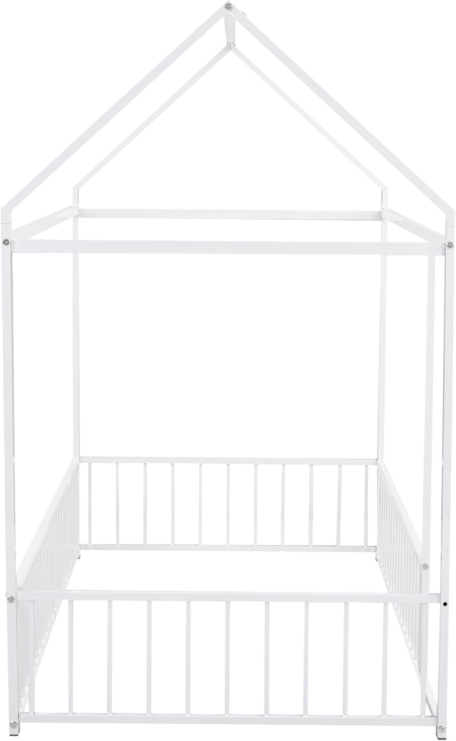 Bellemave Twin Floor Bed Frame, Metal Montessori Floor Bed Twin with Fence for Boys Girls Bedroom Playhouse for Kids No Slat, Easy Assembly House Shaped Floor Beds White