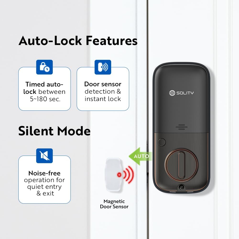 Solity No-Hub Smart Digital Door Lock, Designed in Korea, Keyless Entry, Wi-Fi, Remote Control, Touchscreen Keypad, Auto Lock, IP54 Waterproof GT10K Keypad (Oil Rubbed Bronze)