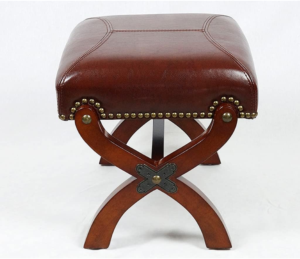 Leather Footrest Wood Ottoman,Rustic Foot Stools Seat, Wood Footstool,Rectangle Footrest Small Ottoman for Living Room Bedroom (Brown)
