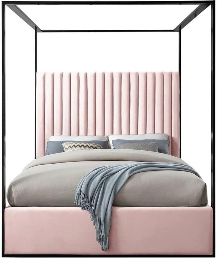 MAKLAINE Contemporary Solid Wood King Canopy Bed, Pink Velvet Upholstery, Matte Black Steel Frame, Channel Tufted Headboard, 82' W x 86.5' D x 78.5' H, Luxurious Bedroom Furniture