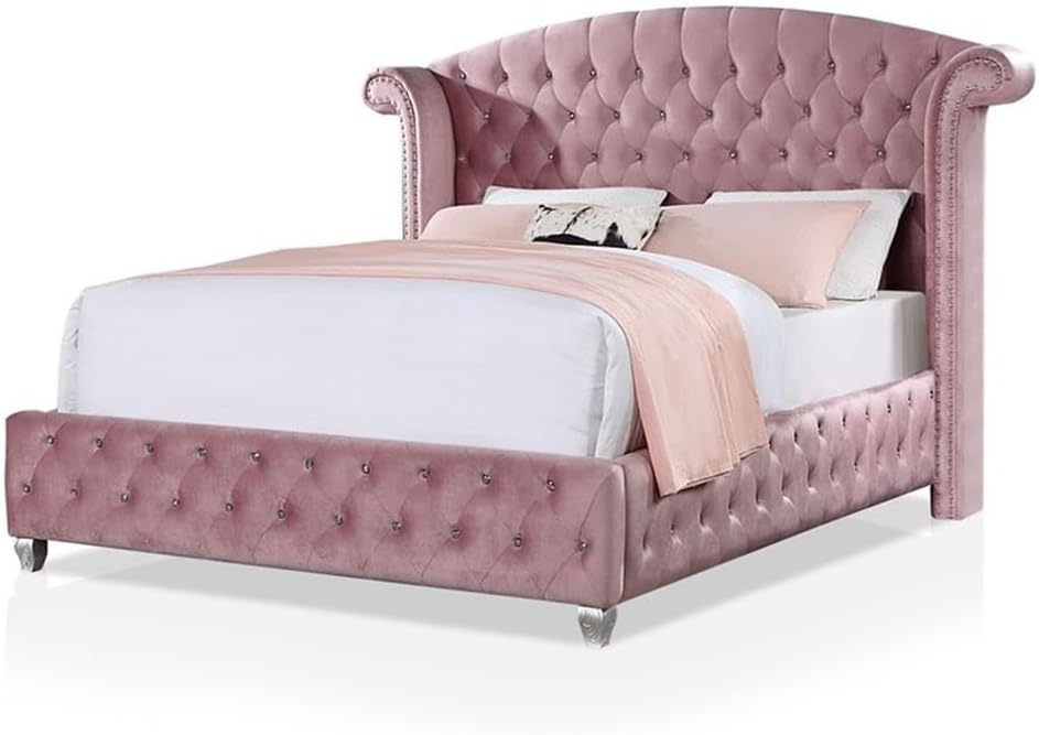 Furniture of America FOA Gijit 3-Piece Pink Fabric Wingback Bedroom Set - Full + 2 Nightstands