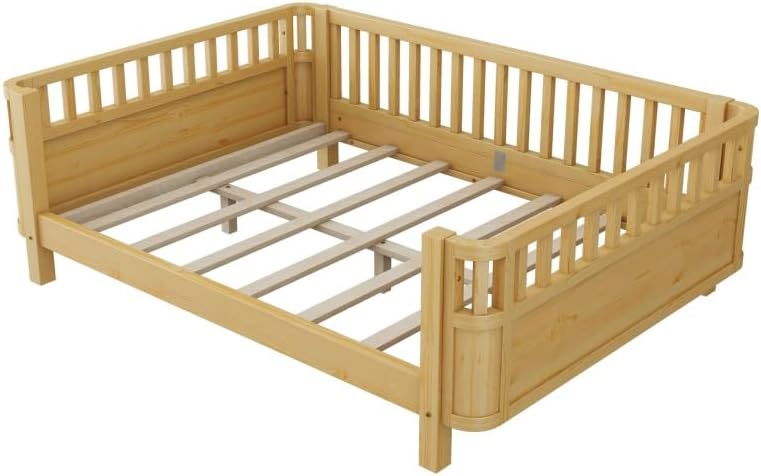 JIJIWANG Montessori Floor Bed with Slats, Low Profile Full Bed Frame for Kids, for Kids Bedroom, Girls & Boys, No Box Spring Needed, Natural