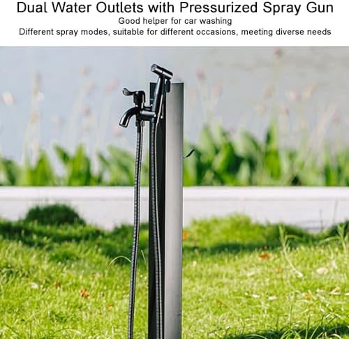 Stainless Steel Outdoor Water Column with Faucet & Spray Gun, Square Design, Hose Holder for Gardens, Schools, Vegetable Gardens, Car Washes - Black