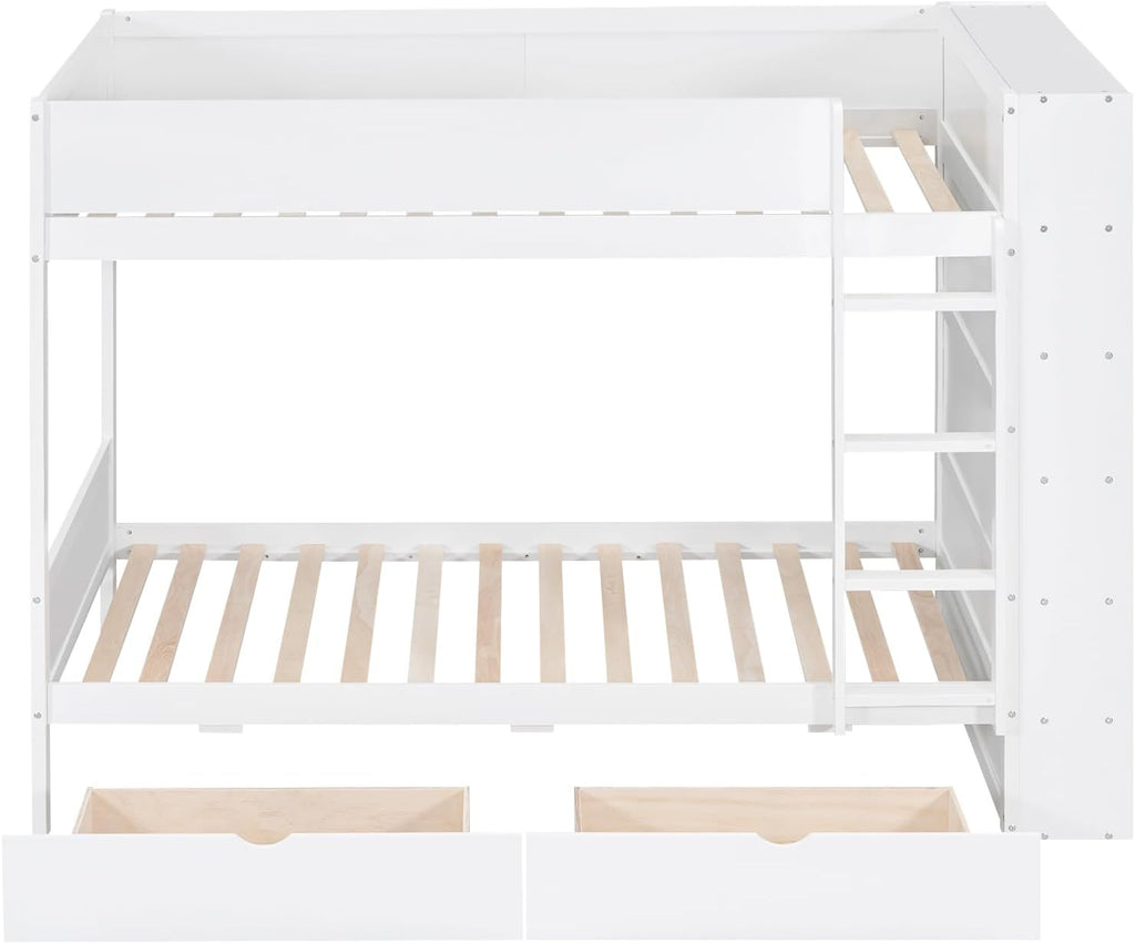 Twin Over Twin Bunk Bed with Bookcase, Wood Bunk Bed Frame with 2 Drawers and Multi-Layer Cabinet Storage Shelves, Bed with High Guardrails for Kids Teens(White, Twin)
