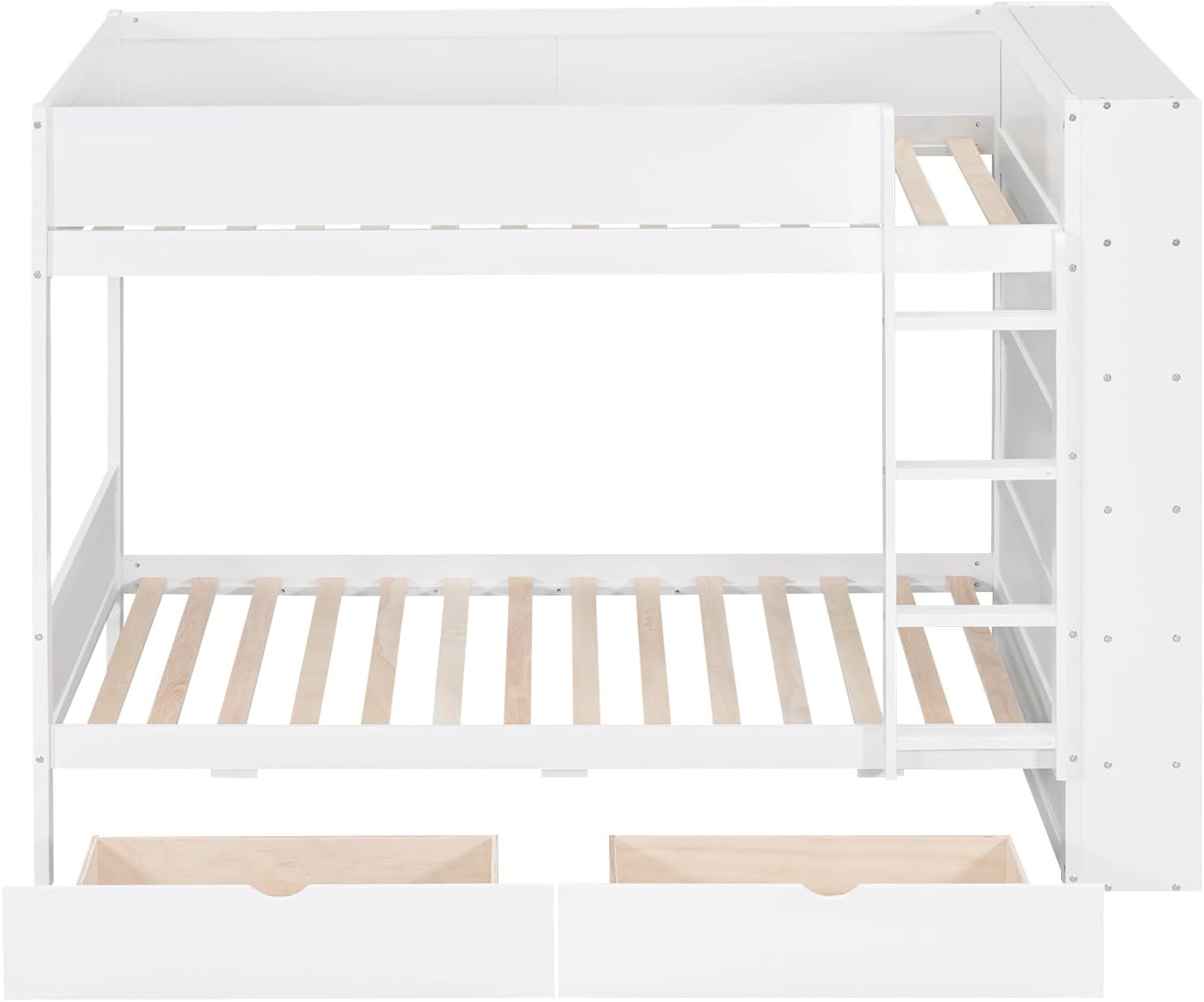Twin Over Twin Bunk Bed with Bookcase, Wood Bunk Bed Frame with 2 Drawers and Multi-Layer Cabinet Storage Shelves, Bed with High Guardrails for Kids Teens(White, Twin)