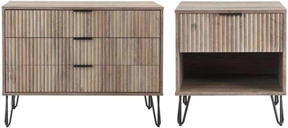 Pemberly Row 2-Piece Bedroom Set, Standard 3-Drawer Dresser and 1.0 Nightstand, Light Gray Finish, MDF Material, Full Extension Drawers, Ribbed Texture, Metal Handles, Splayed Legs, Storage for