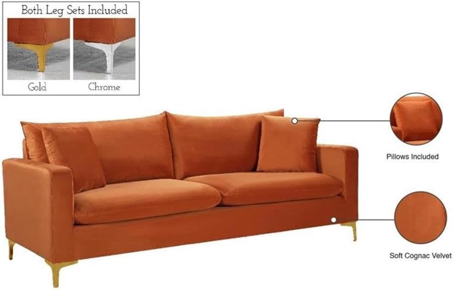 Meridian Furniture 633Cognac-S Naomi Collection Modern | Contemporary Velvet Upholstered Sofa with Deep Channel Tufting and Rich Gold Stainless Steel Legs, Cognac, 81.5' W x 33.5' D x 30' H