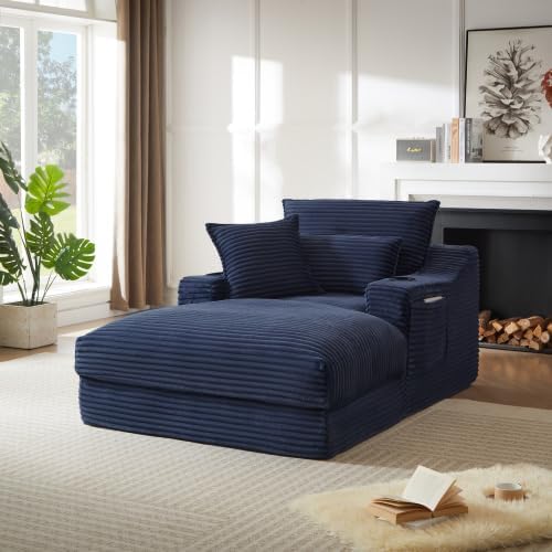 HRVEOCEI 47.2' Oversized Chaise Lounge Chair Indoor, Corduroy Boneless Chaise Lounge with 2 Pillows, Comfy Reading Chair with Ottoman, Black Sleeper Chairs for Adults Living Room Bedroom (Blue 47.2)