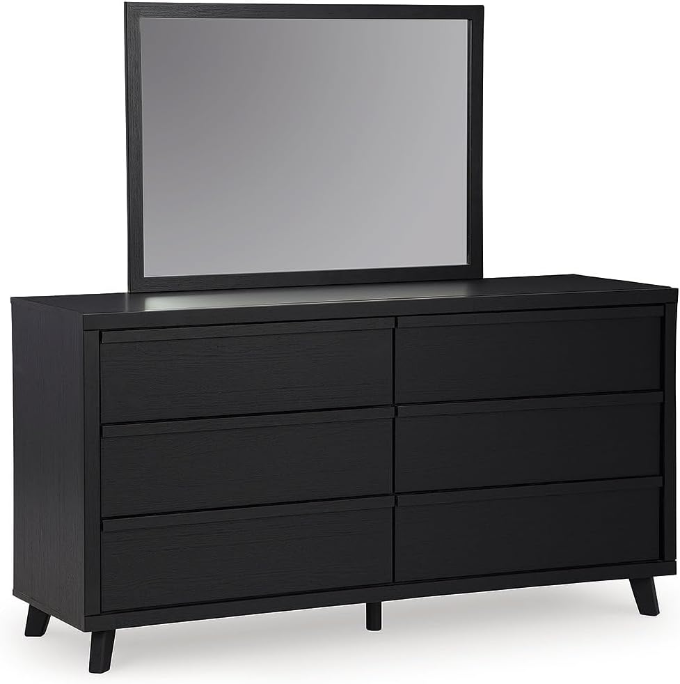 Signature Design by Ashley Danziar Mid-Century Modern 6-Drawer Dresser and Mirror with Safety Stop, Black