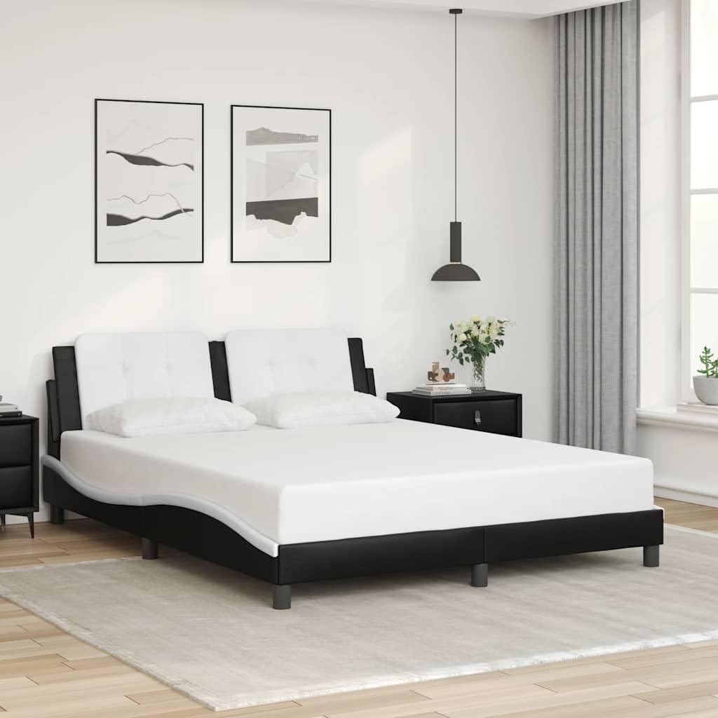 Black and White Faux Leather Full Bed Frame, Durable Modern Platform Bed with Upholstered Headboard, Sturdy Pine Wood Construction for Adult Bedroom, 4 Pieces Set Includes