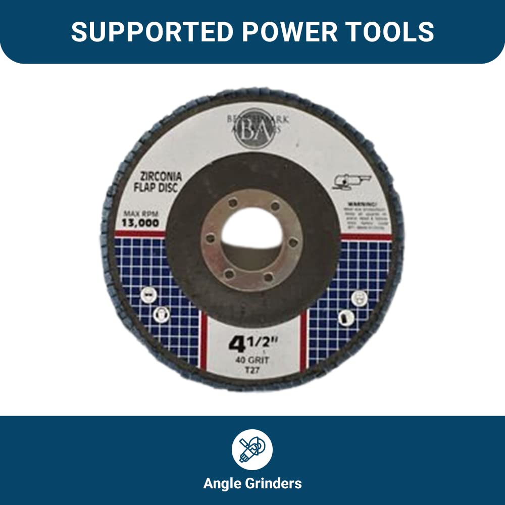 Benchmark Abrasives Professional 4.5' Zirconia Type 27 Flap Disc Grinding Wheel Set with 7/8' Arbor for Metal Sanding & Finishing - 40 Grit (100 Pack)