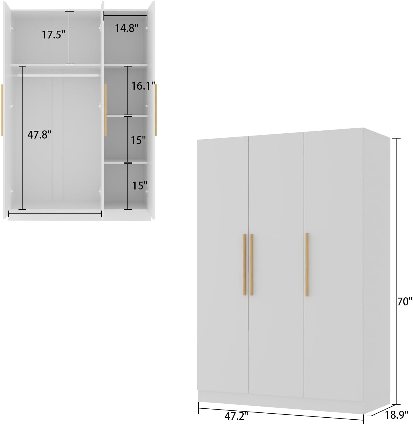 AIEGLE 3 Doors Wardrobe Armoire Closet, Large Freestanding Armoire Wardrobe Cabinet with Shelves & 2 Hanging Rod, Bedroom Wood Clothes Storage Cabinet Organizer, White (47.2' W x 19.7' D x 70' H)
