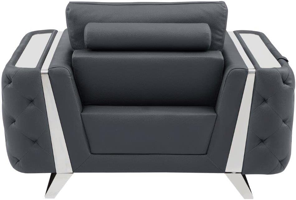 Blackjack Furniture Reggio Collection Full Grain Italian Leather Sofas for Living Room with Brazilian Wood Frame and Stainless Steel Legs, 3-Piece Set, Sofa, Loveseat, and Chair, Dark Gray