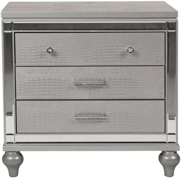 Pemberly Row Modern Solid Wood 3-Drawer Nightstand, Silver Finish, 31.33' W x 18.15' D x 29.33' H, Elegant Embossed Inlay, Durable MDF Drawers with Dovetail, Bedroom Storage Furniture