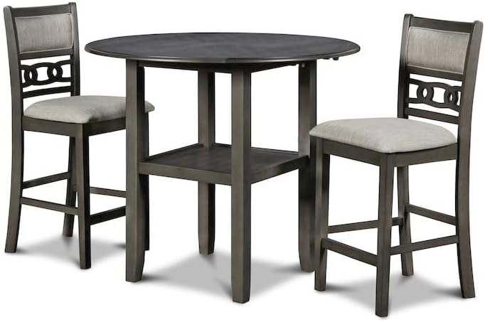 Furnifact Grey 3 Piece Drop Leaf Table and Chairs, Solid Wood Round Dining Table with Chairs, Space-Saving Design with Storage Shelf for Small Kitchens