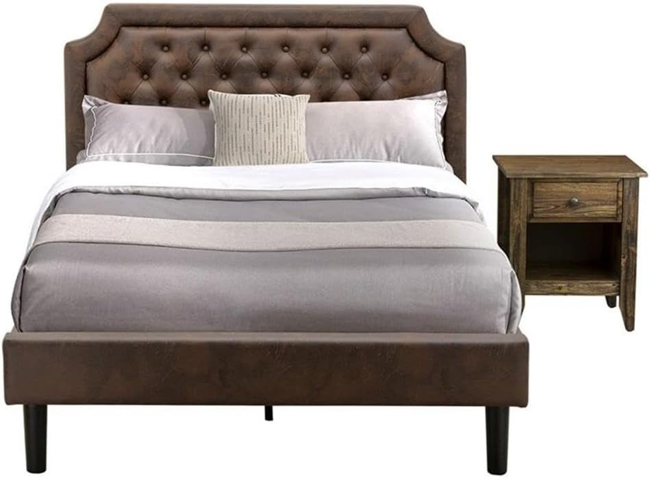 East West Furniture GB25F-1GA07 2-Piece Granbury Bedroom Set with Button Tufted Full Bed Frame and a Distressed Jacobean End Tables - Dark Brown Faux Leather with Black Texture and Black Legs