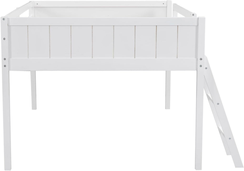 Full Size Loft Bed, Wood Loft Bed with Convertible Ladder, Ladder can be Placed on the Left or Right, Low Loft Bed with Full-Length Guardrails, No Box Spring Required (White,Full & Convertible Ladder)