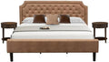 East West Furniture GB28K-2HI07 3-Piece Granbury Bedroom Set with Button Tufted King Size Bed and 2 Distressed Jacobean Small Nightstands - Brown faux Leather with Brown Texture and Black Legs