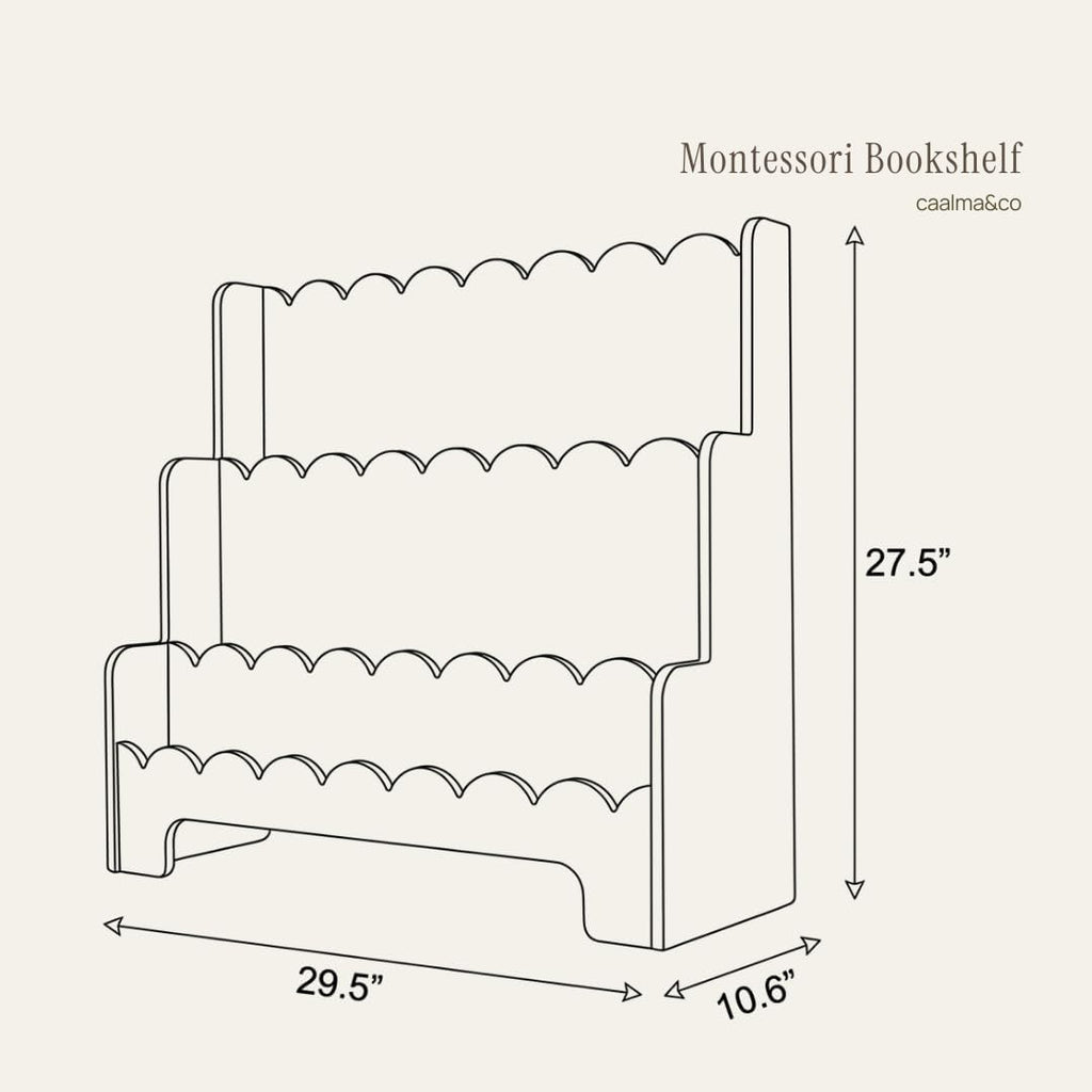 CAALMA Premium Scalloped Bookshelf for Nursery & Kids Bedroom - 29.5x27.5 in - 3-Tier Wooden Montessori Bookshelf - Kids Bookcase for Nursery, Playroom or Classroom, Minimalist Toddler Book Shelf