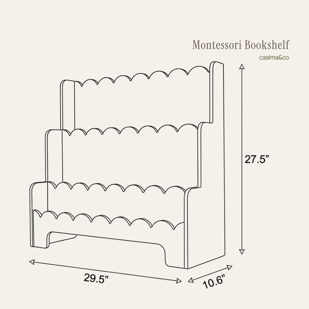 CAALMA Premium Scalloped Bookshelf for Nursery & Kids Bedroom - 29.5x27.5 in - 3-Tier Wooden Montessori Bookshelf - Kids Bookcase for Nursery, Playroom or Classroom, Minimalist Toddler Book Shelf