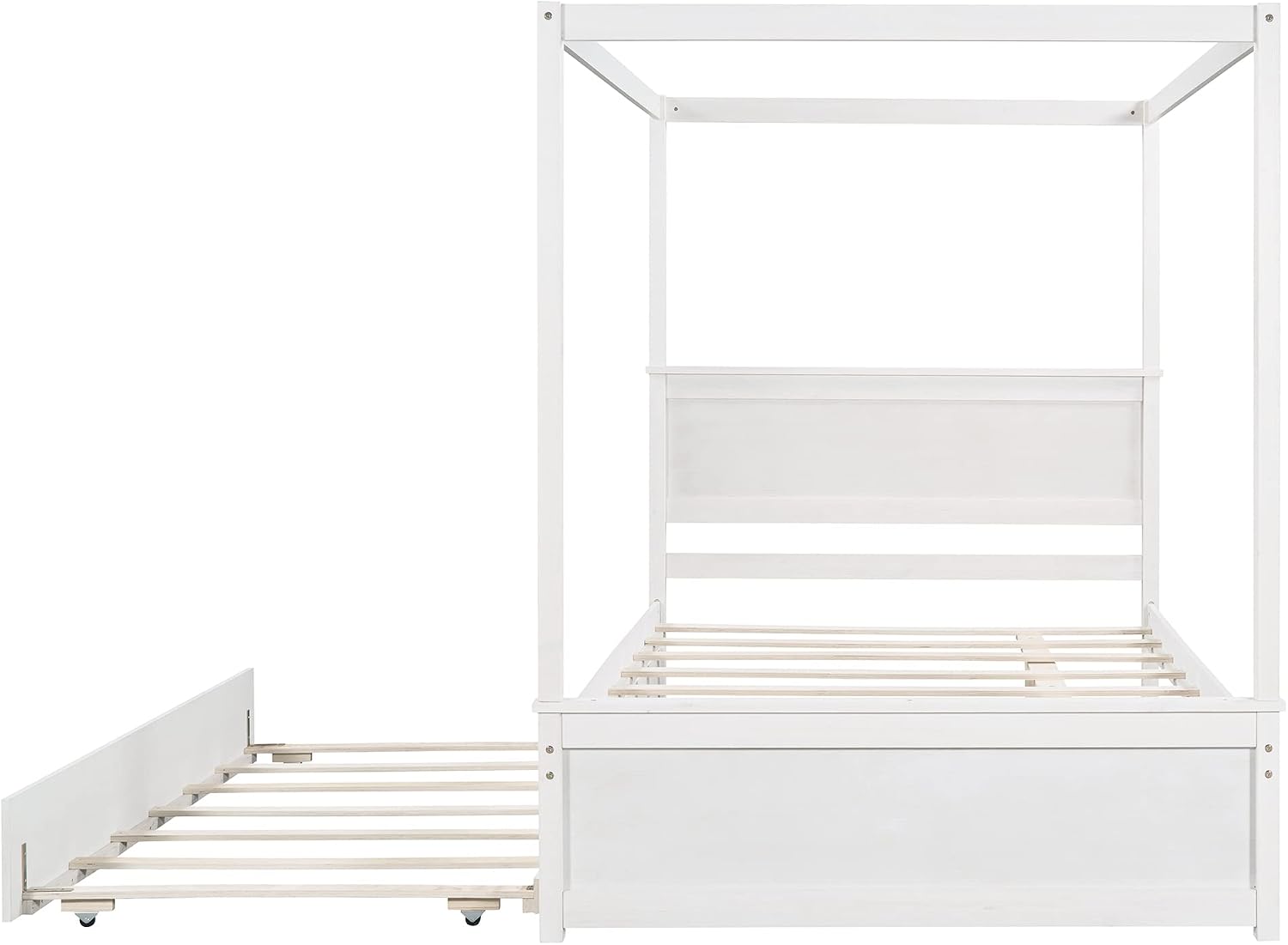 CITYLIGHT Full Size Canopy Bed Frame with Trundle Bed,Wooden Canopy Trundle Bed with Support Slats,Four Post Bed with Headboard for Kids Girls Boys,Brushed White