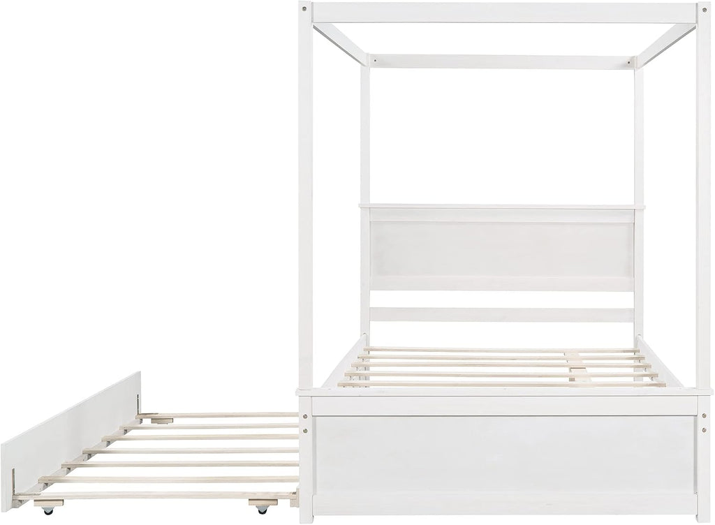 Full Size Wood Canopy Bed with Trundle Bed and Two Nightstand, Modern Bedroom Set for Kids Girls Boys Teens,Can Be Freely Decorated (White+Bedroom Set)