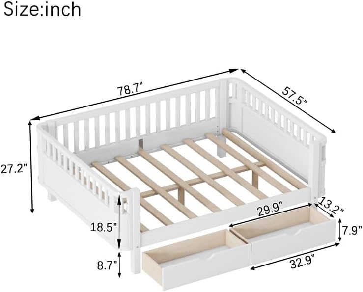 JIJIWANG Full Size Floor Bed with Storage, Montessori Floor Bed with Slats, Detachable Slats for Kids Bedroom, Girls & Boys, No Box Spring Needed, White