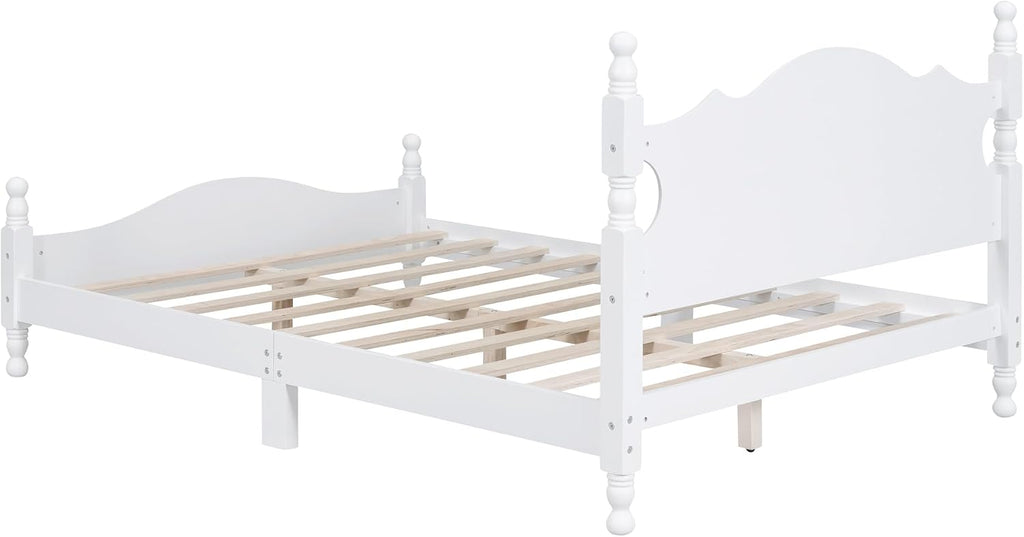 JIVOIT Retro Style Platform Bed with Headboard and Footboard, Full Size Wood Platform Bed Frame with Wooden Slat Support, Solid Wood Foundation, No Box Spring Required (White,4,Full)