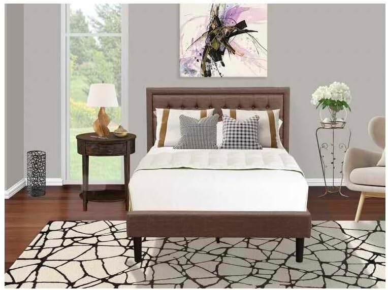 HomeStock Old World Charm 2 Pc Full Bedroom Set 1 Bed Frame Brown Linen Fabric Padded and Button Tufted Headboard 1 Nightstand with Wood Drawer for Bedroom Black Finish Legs