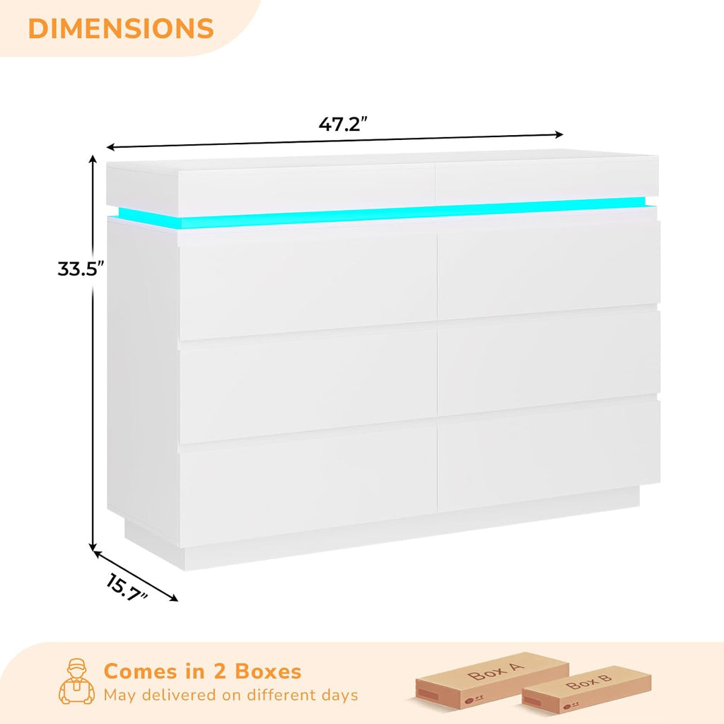DICTAC Modern 6 Drawers White Dresser with Sliding Desktop, Wide Chest of Drawers with Charging Station & LED Lights, Large Storage Tower Clothes Organizer, White Dresser for Bedroom