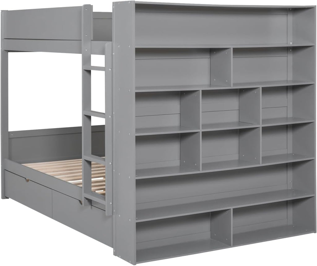 Full Over Full Bunk Bed with Bookcase and Drawers,Wooden All-in-one Furniture Set with Multi-Layer Cabinet for Kids Girls Boys-Gray