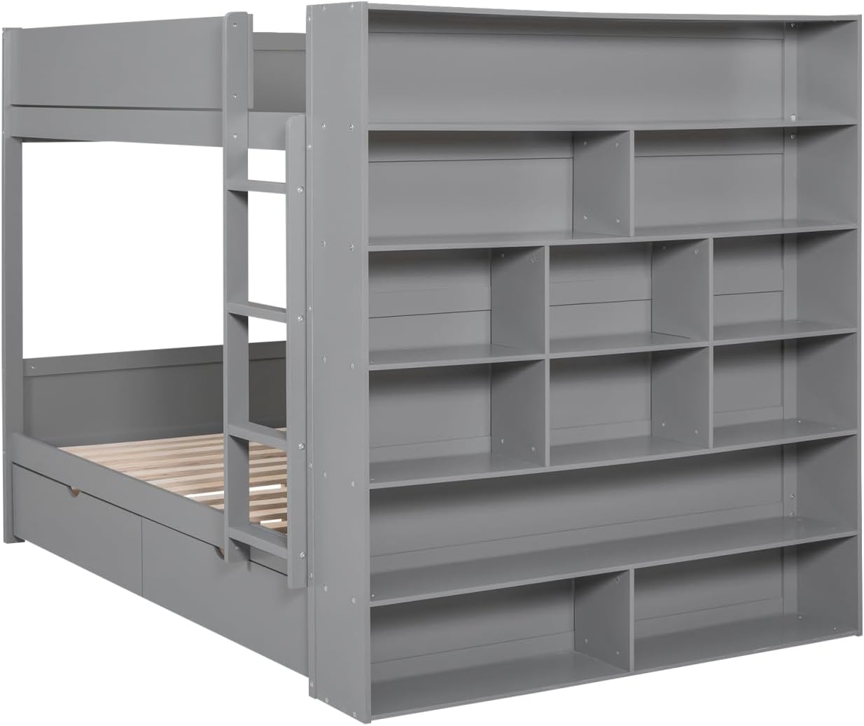 Full Over Full Bunk Bed with Bookcase and Drawers,Wooden All-in-one Furniture Set with Multi-Layer Cabinet for Kids Girls Boys-Gray