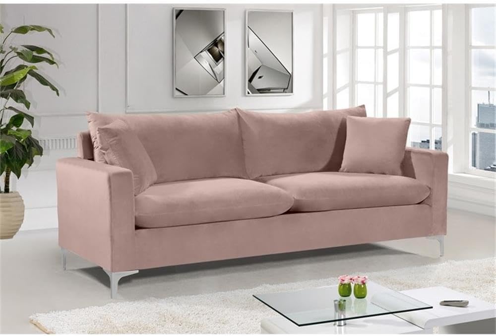Meridian Furniture Naomi Collection Modern | Contemporary Pink Velvet Upholstered Sofa with Stainless Steel Base in a Rich Gold Finish