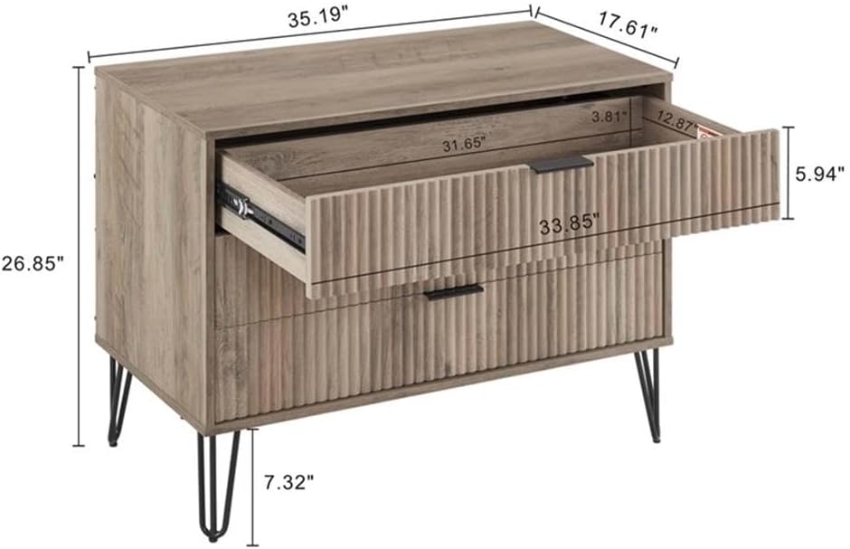 Pemberly Row 2-Piece Bedroom Set, Standard 3-Drawer Dresser and 1.0 Nightstand, Light Gray Finish, MDF Material, Full Extension Drawers, Ribbed Texture, Metal Handles, Splayed Legs, Storage for