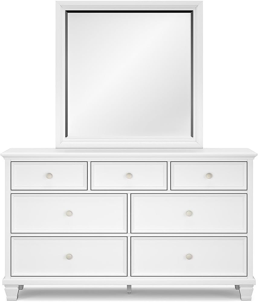 Signature Design by Ashley Fortman Casual Dresser and Mirror, Tapered Feet, 7 Storage Drawers, Round Satin Nickel Metal Knobs, Wood, 74.13' High, White