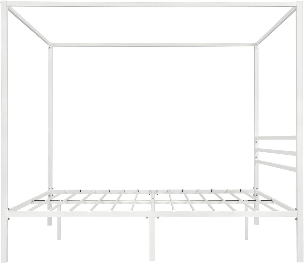ikalido Queen Size Metal Canopy Bed Frame, Modern Four-Poster Platform Bed Frame, Mattress Foundation with Metal Slat Support/Under-Bed Storage Space/No Box Spring Needed/White