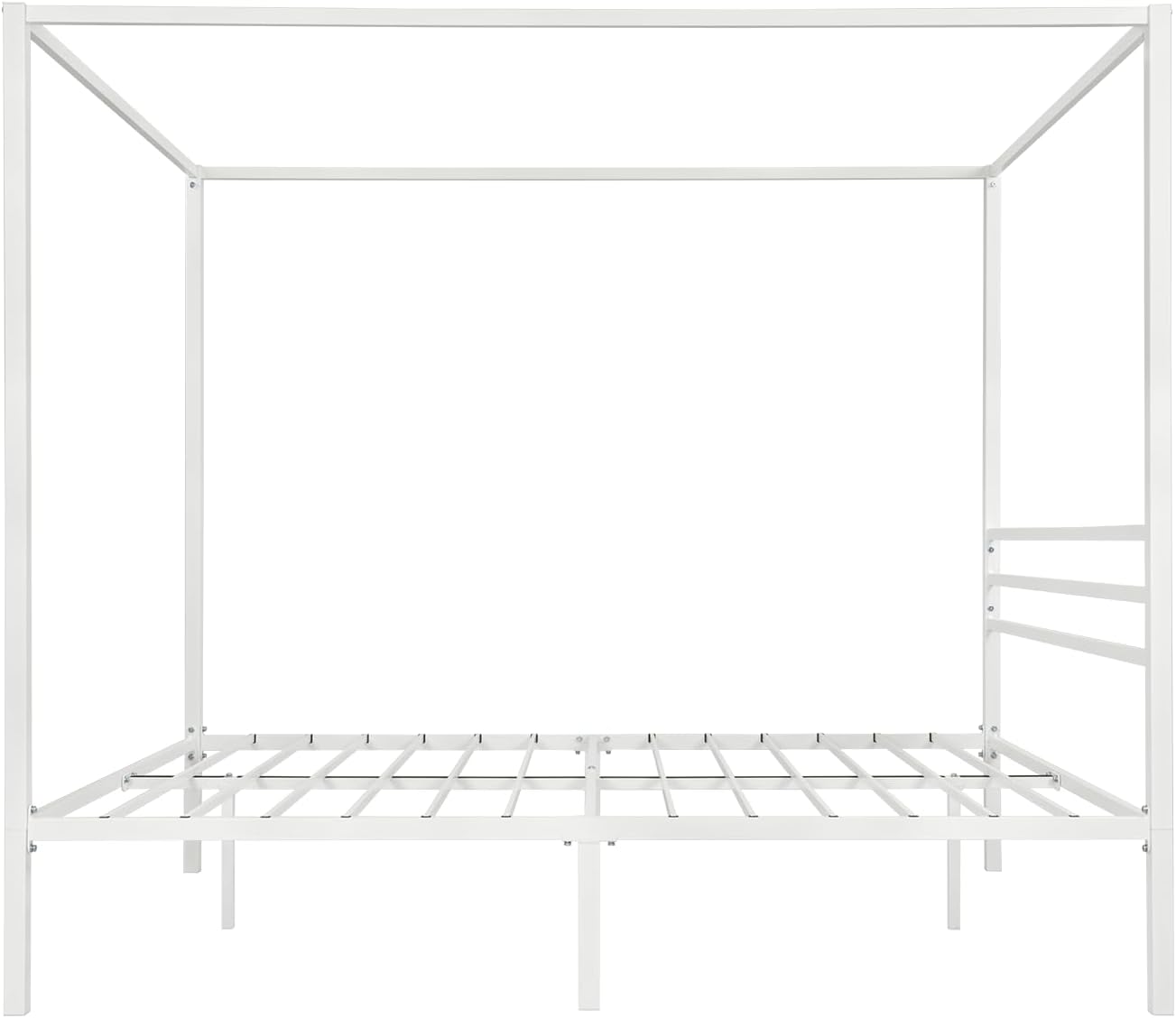 ikalido Queen Size Metal Canopy Bed Frame, Modern Four-Poster Platform Bed Frame, Mattress Foundation with Metal Slat Support/Under-Bed Storage Space/No Box Spring Needed/White
