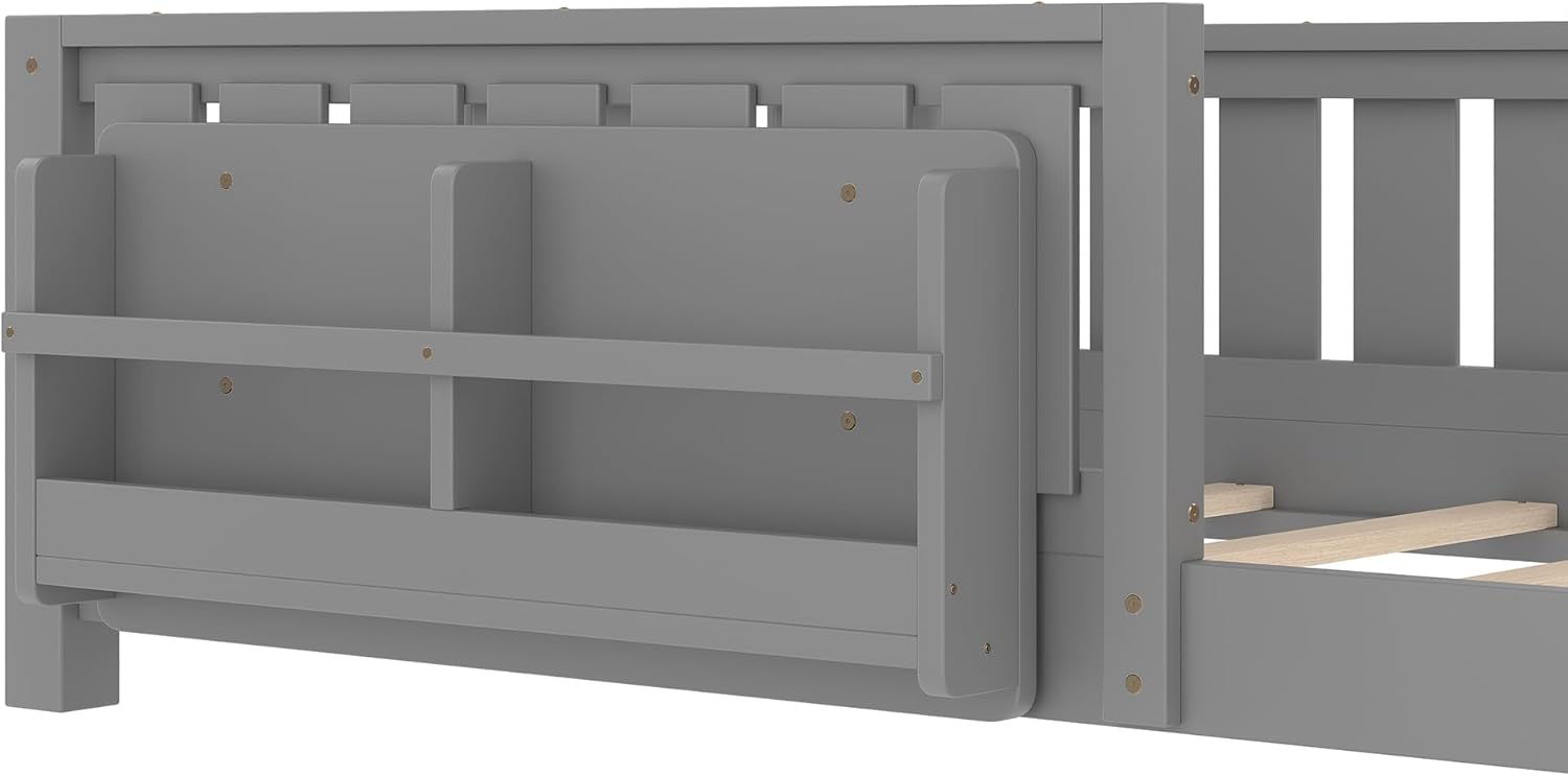 Bellemave Gray Montessori Floor Bed with Fence and Slats, Twin Size Montessori Floor Bed with Bookcase and High Rails, Easy Assemble Bed Frame for Girls, Boys, Twin