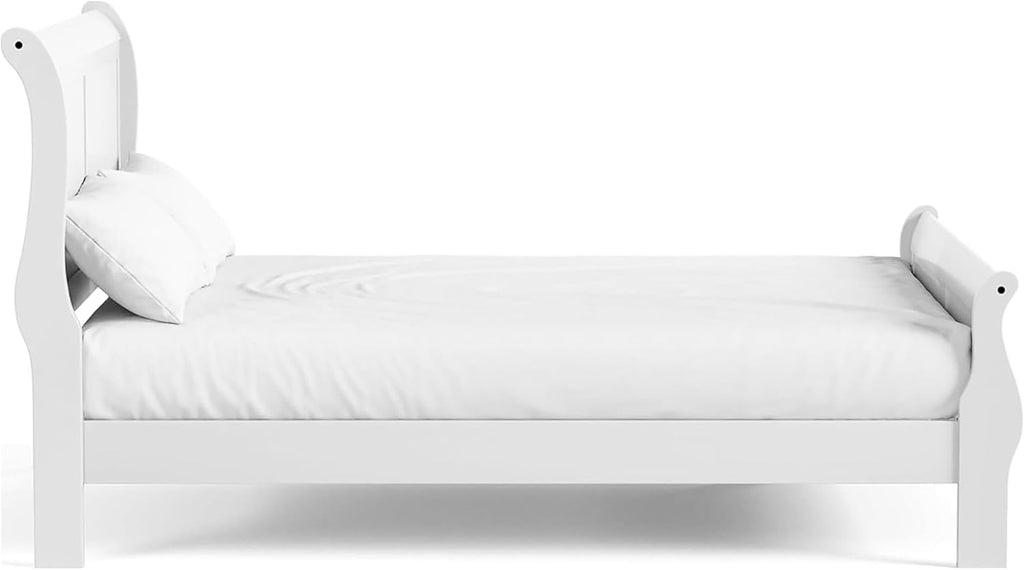 MAKLAINE Modern Transitional Solid Wood Full Bed, White Finish, Sleigh Design with Paneled Headboard and Footboard, 83.5' L x 56.25' W x 47.25' H, Durable Kids Bed for Bedroom, Box Spring Required