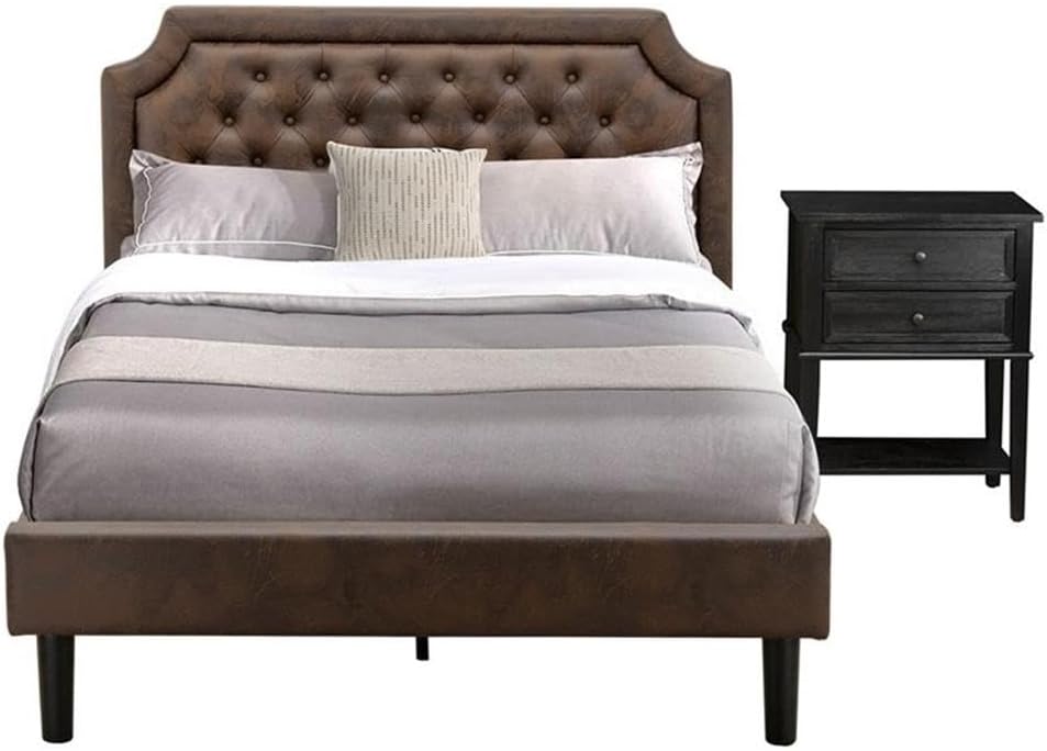 East West Furniture GB25F-1VL06 2-Piece Platform Wooden Set for Bedroom with Button Tufted Full Bed and 1 Wire Brushed Black Night Stands - Dark Brown faux Leather with Black Texture and Black Legs