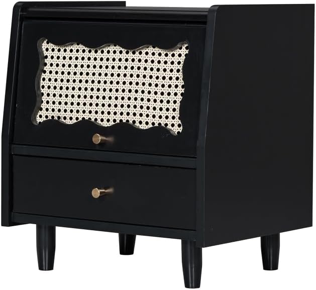 3 Pieces Bedroom Set with Full Size Wooden Bed Frame, 1 Vintage Nightstand and 1 Makeup Vanity Set with Stool,Black (Black + Wood + Queen + 3 Piece Set)