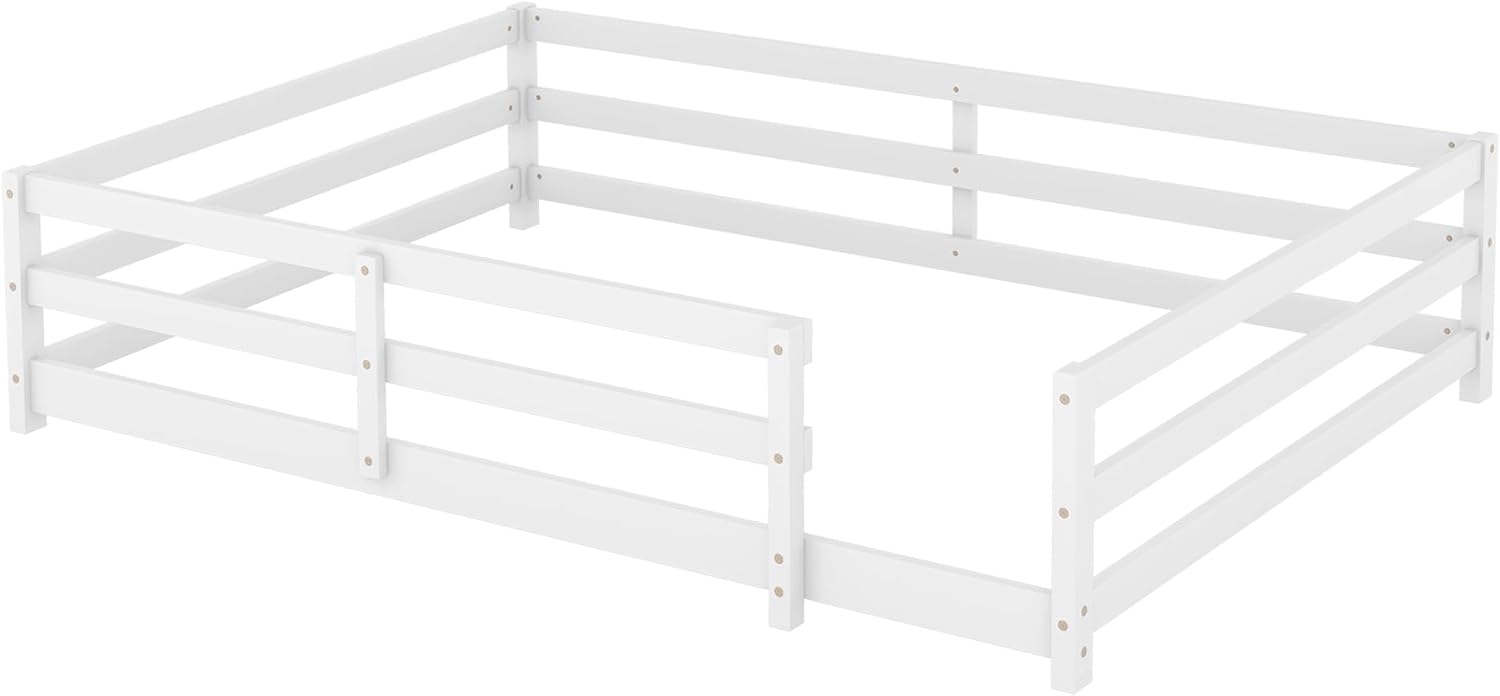 Modern Classic Full Size Bed Frame with Fence, Sturdy Wood Montessori Floor Bed for s, Boys, Girls, Dorm, Bedroom, House, Easy to Assemble, Noise-Free Design, No Box Spring Needed,White-Fu